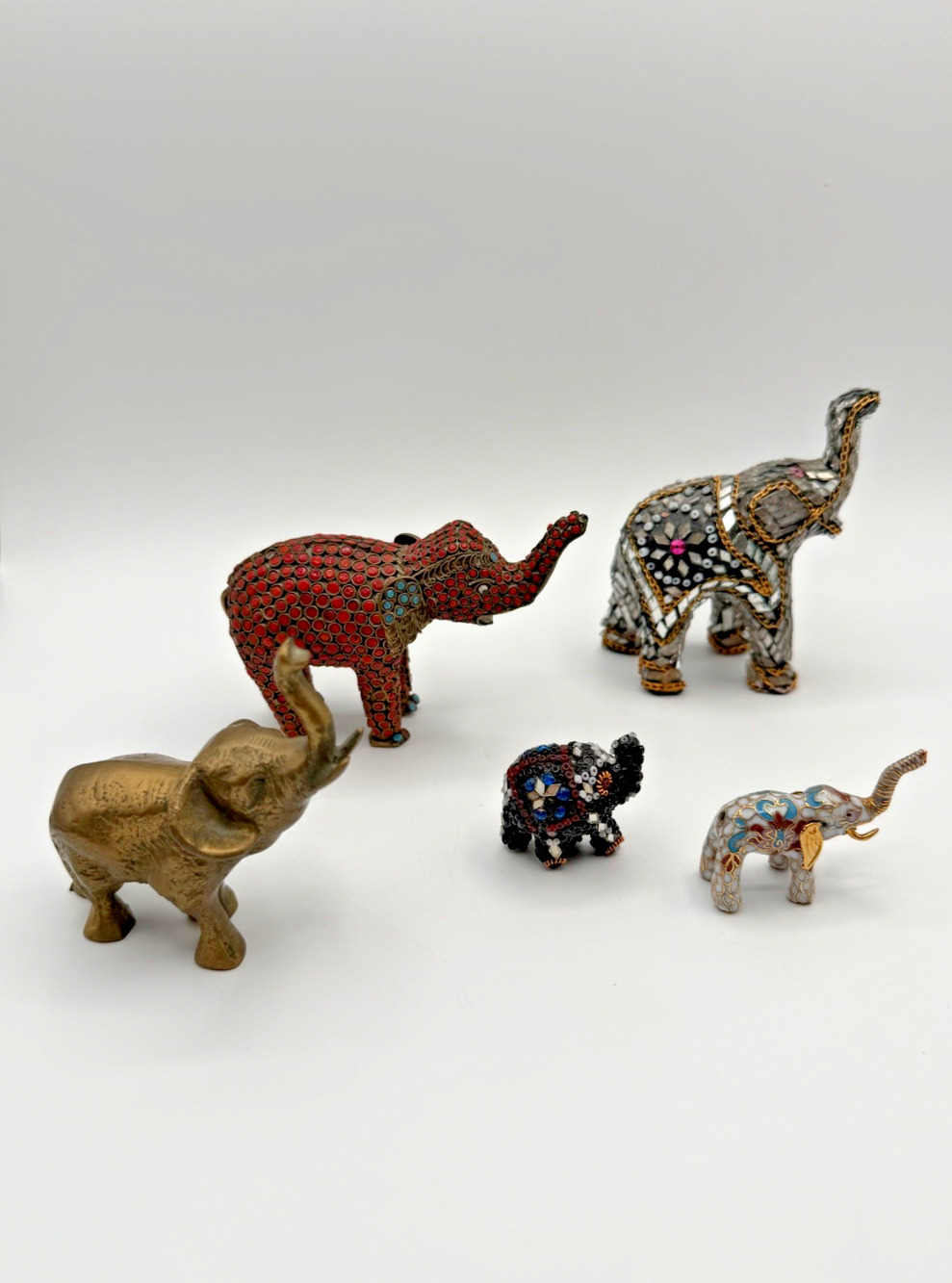 Vintage Elephant Figurines Lot of 5 Brass Cloisonne Mosaic Beaded India